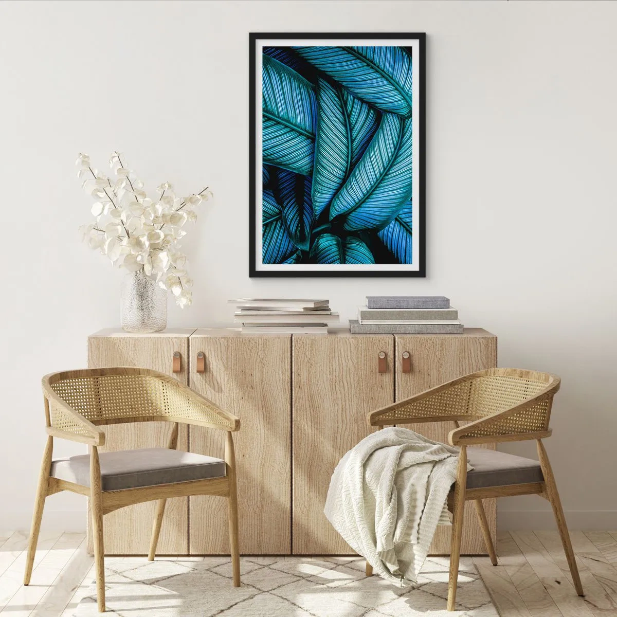 Plakát v černém rámu - Okouzlující modrozelené listy banánovníku - 50x70cm - Čáry života - Moderní nástěnná dekorace do obývacího pokoje a ložnice ARTTOR