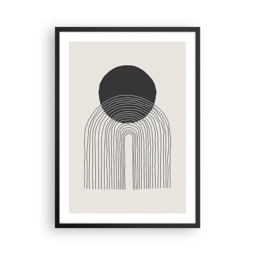 Plakát v černém rámu - Minimalistický černobílý motiv kruhů a čar - 50x70cm - Chvění a jistota - Moderní nástěnná dekorace do obývacího pokoje a ložnice ARTTOR