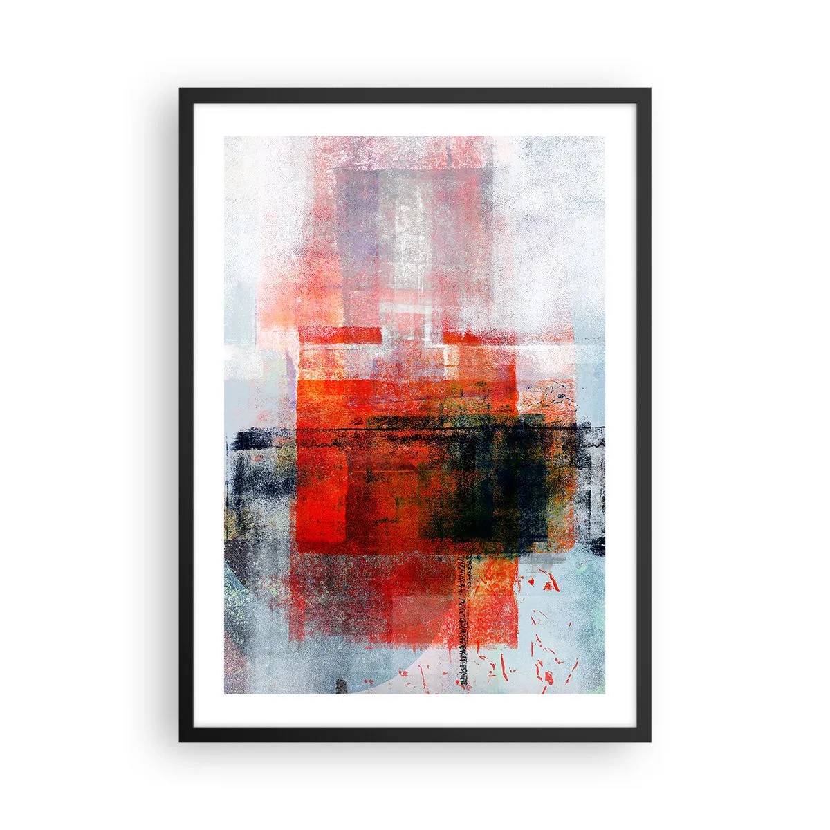 Plakát v černém rámu - Geometrická abstrakce v intenzivních odstínech červené - 50x70cm - Zářící kompozice - Moderní nástěnná dekorace do obývacího pokoje a ložnice ARTTOR