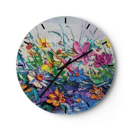 Nástěnné hodiny - Barevná květinová krajina v impasto technice - 30x30cm - Vůbec ne zátiší - Moderní nástěnná dekorace do obývacího pokoje, kuchyně a ložnice ARTTOR