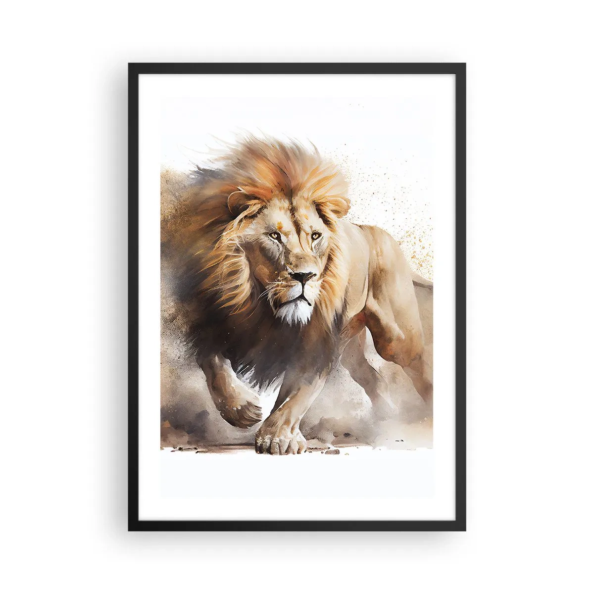 Plakát v černém rámu - Majestátní lev v pohybu v malířském stylu - 50x70cm - Král se pohnul - Moderní nástěnná dekorace do obývacího pokoje a ložnice ARTTOR