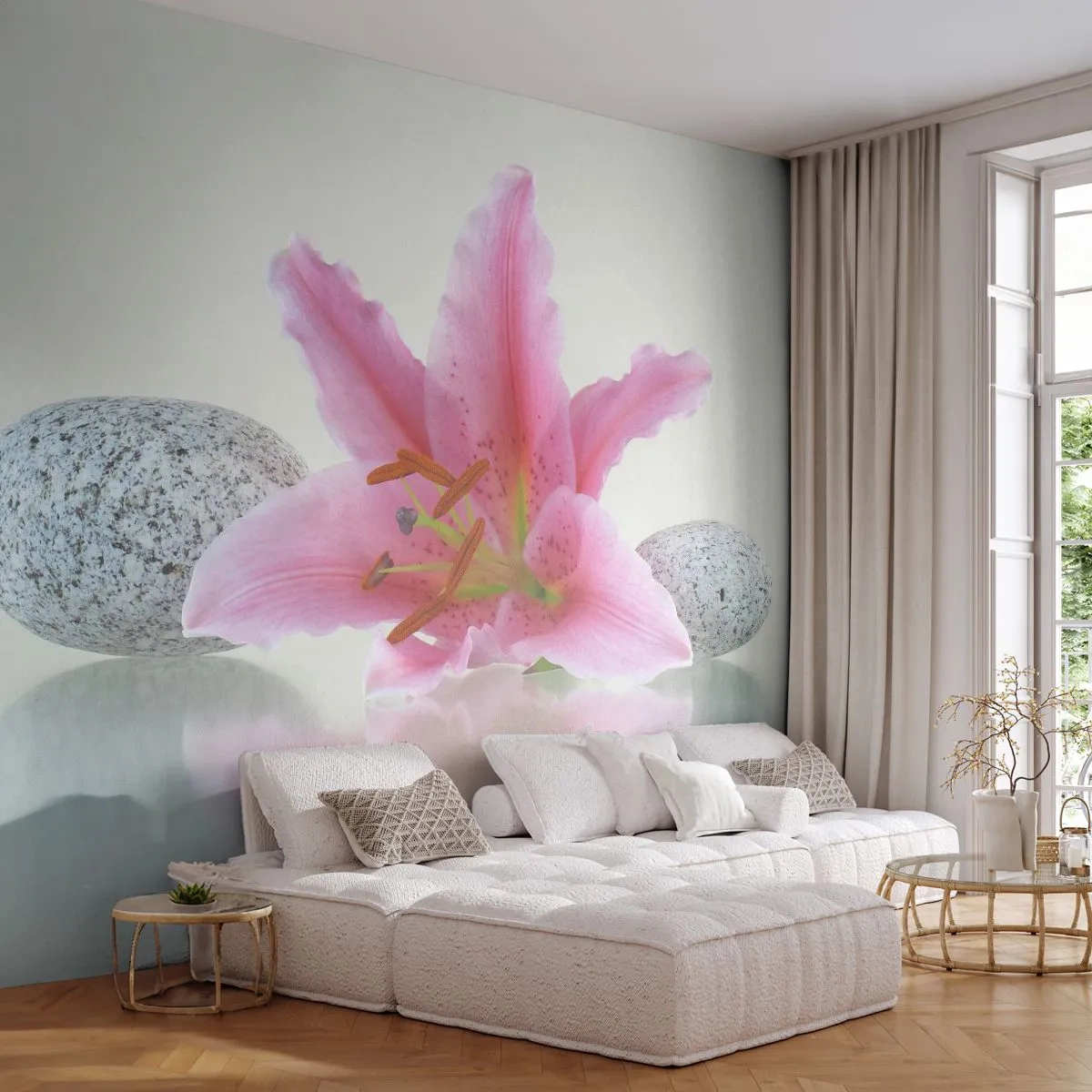 Fototapeta Premium Canvas - Studie v růžové, šedé a bílé - Květiny, Lilie, Kameny - 250x175 cm