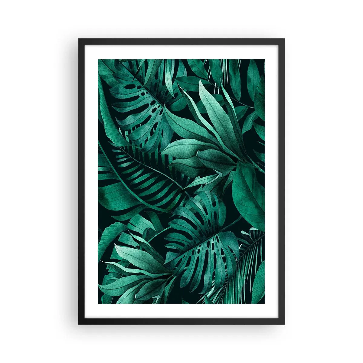 Plakát v černém rámu - Tropické listy v odstínech zelené - 50x70cm - Hloubka tropické zeleně - Moderní nástěnná dekorace do obývacího pokoje a ložnice ARTTOR