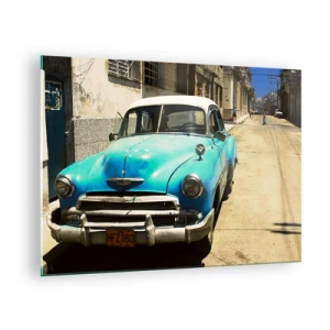 Obraz na skle - Veterán modré auto na ulici na slunci - 70x50cm - Evviva Cuba! - Moderní nástěnná dekorace do obývacího pokoje a ložnice ARTTOR