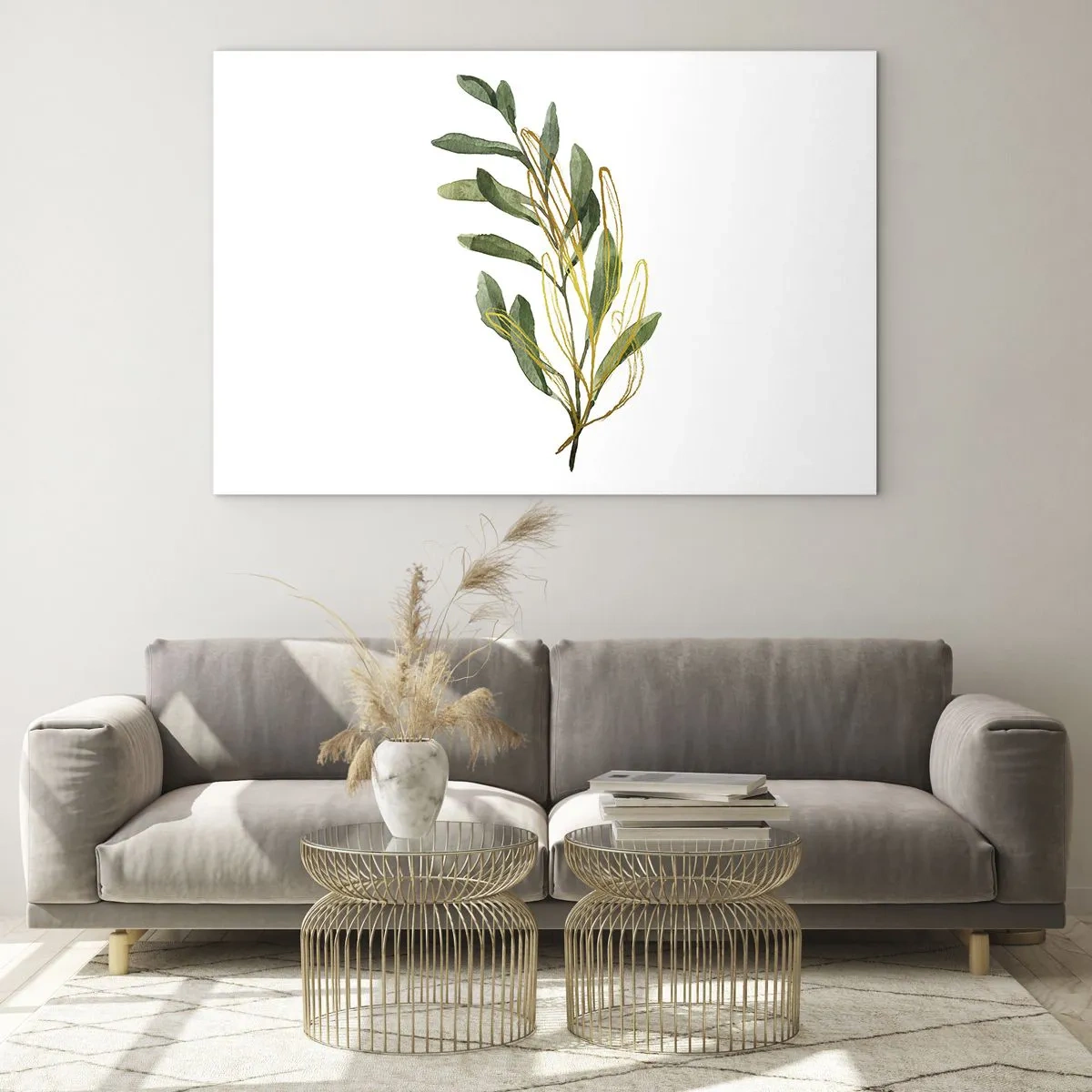 Obraz na skle - Zelená větev s jemným zlatým akcentem - 70x50cm - Vše, co je dobré - Moderní nástěnná dekorace do obývacího pokoje a ložnice ARTTOR