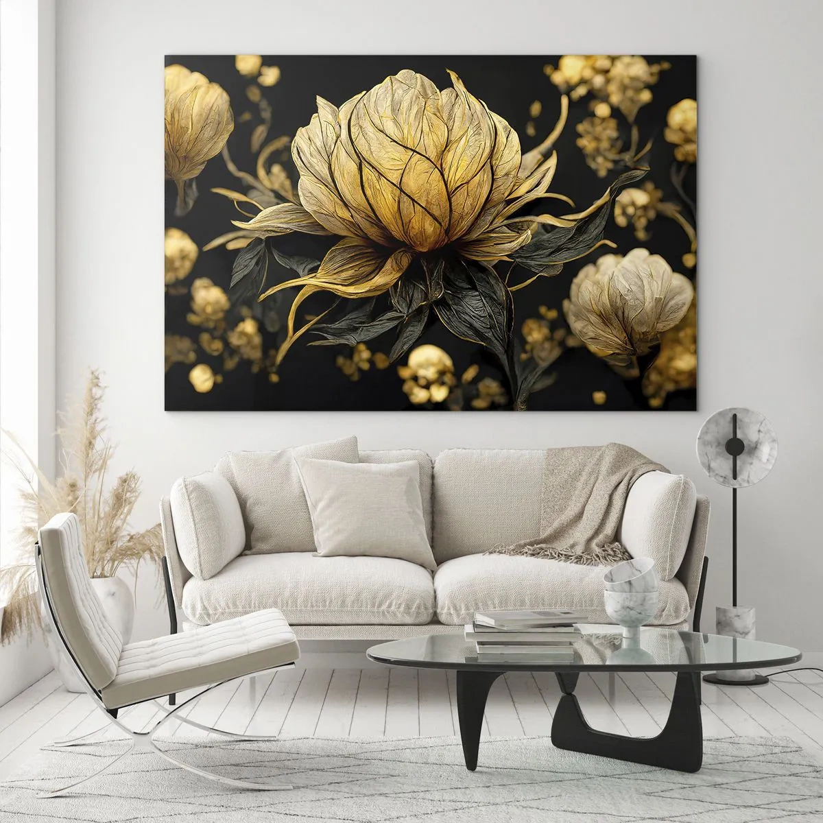 Obraz na skle - Zlaté květy na černém pozadí v elegantní kompozici - 70x50cm - Jemná křehkost - Moderní nástěnná dekorace do obývacího pokoje a ložnice ARTTOR