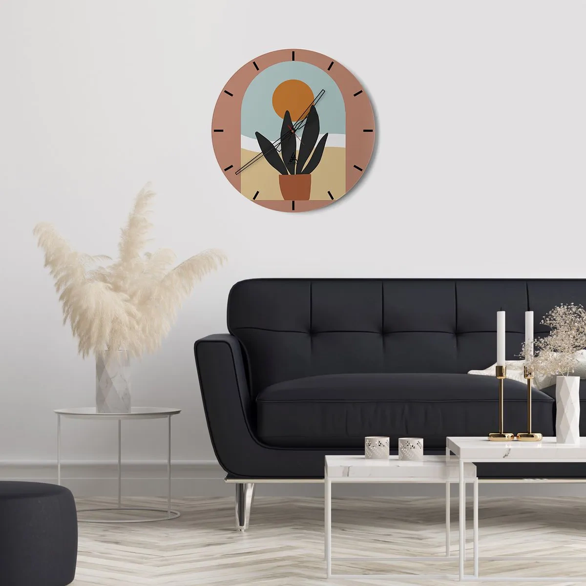Nástěnné hodiny - Minimalistická květináče na pozadí slunce - 30x30cm - Malé radosti - Moderní nástěnná dekorace do obývacího pokoje, kuchyně a ložnice ARTTOR
