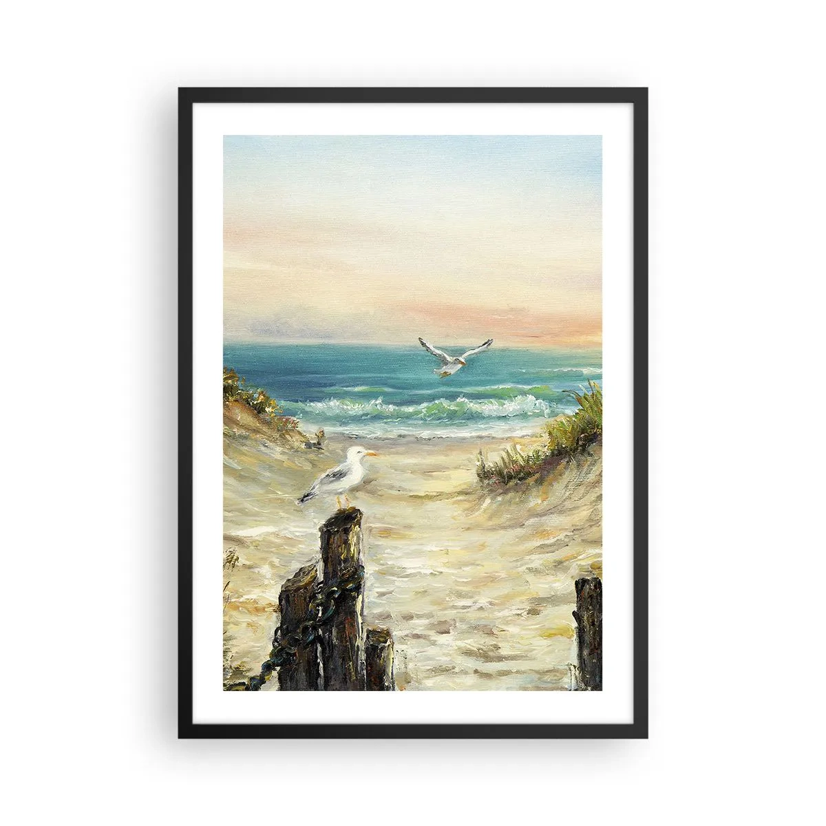 Plakát v černém rámu - Pláž s racky a vlnami při západu slunce - 50x70cm - Bezvětří a samota - Moderní nástěnná dekorace do obývacího pokoje a ložnice ARTTOR