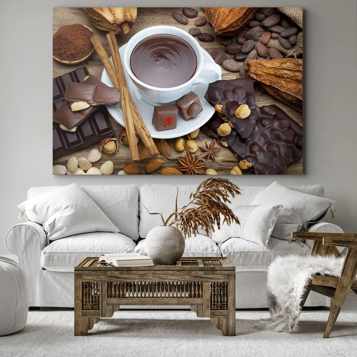 Obraz na plátně - Šálek horké čokolády obklopený ingrediencemi na dezert - 70x50cm - Z pohádkové továrny na čokoládu - Moderní nástěnná dekorace do obývacího pokoje a ložnice ARTTOR