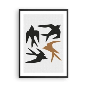 Plakát v černém rámu - Stylizované siluety vlaštovek na světlém pozadí - 50x70cm - Vlaštovky - Moderní nástěnná dekorace do obývacího pokoje a ložnice ARTTOR