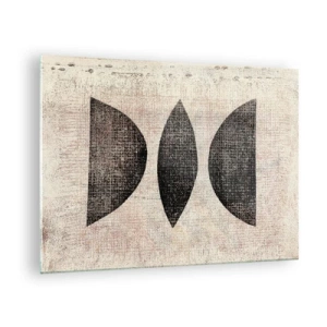 Obraz na skle - Černé geometrické tvary na béžovém pozadí - 70x50cm - Etnická abstrakce - Moderní nástěnná dekorace do obývacího pokoje a ložnice ARTTOR