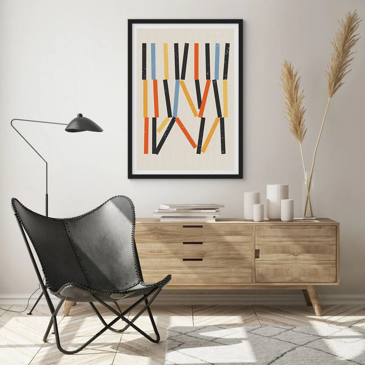 Plakát v černém rámu - Barevná geometrická abstrakce se svislými čarami - 50x70cm - Kompozice na úrovni - Moderní nástěnná dekorace do obývacího pokoje a ložnice ARTTOR