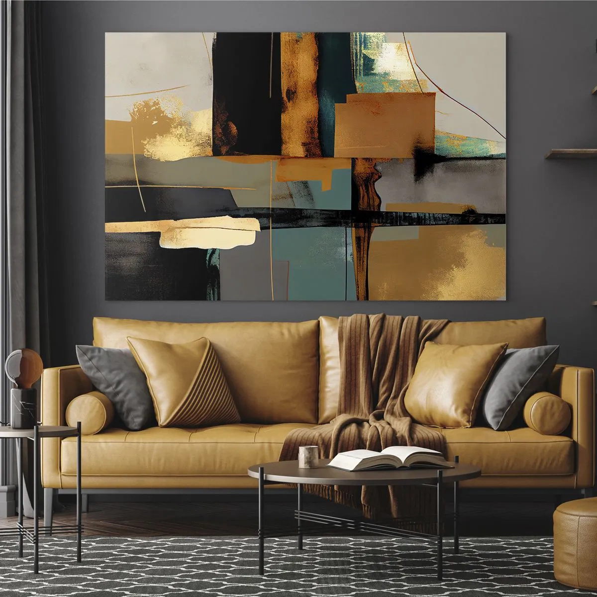 Obraz na skle - Moderní abstrakce s kontrastní zlatou, černou a tyrkysovou - 70x50cm - Abstrakce – světlo a stín - Moderní nástěnná dekorace do obývacího pokoje a ložnice ARTTOR