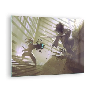 Obraz na skle - Samurajský souboj v dynamické scéně - 70x50cm - I ty můžeš být samurajem - Moderní nástěnná dekorace do obývacího pokoje a ložnice ARTTOR