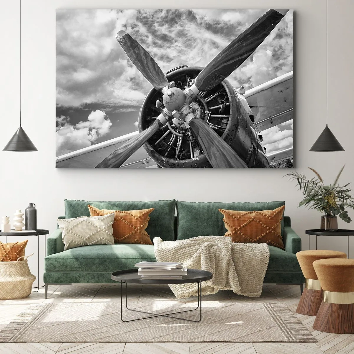 Obraz na plátně - Černobílá fotografie vrtule letadla proti dynamické obloze. - 70x50cm - Dobyvatel oblohy - Moderní nástěnná dekorace do obývacího pokoje a ložnice ARTTOR