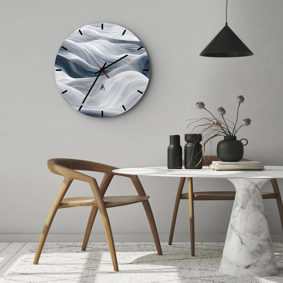 Nástěnné hodiny - Grafické, vlnité čáry v bílých a modrých tónech - 30x30cm - Bílé a modré vlny - Moderní nástěnná dekorace do obývacího pokoje, kuchyně a ložnice ARTTOR