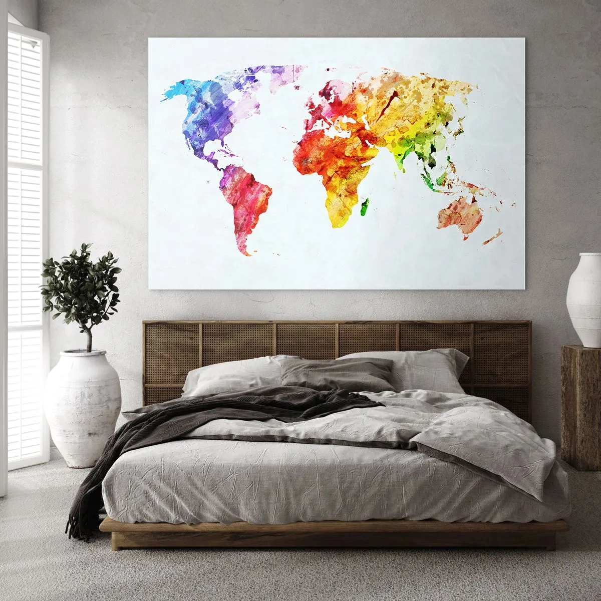 Obraz na skle - Akvarelová mapa světa v jasných barvách - 70x50cm - Všechny barvy světa - Moderní nástěnná dekorace do obývacího pokoje a ložnice ARTTOR