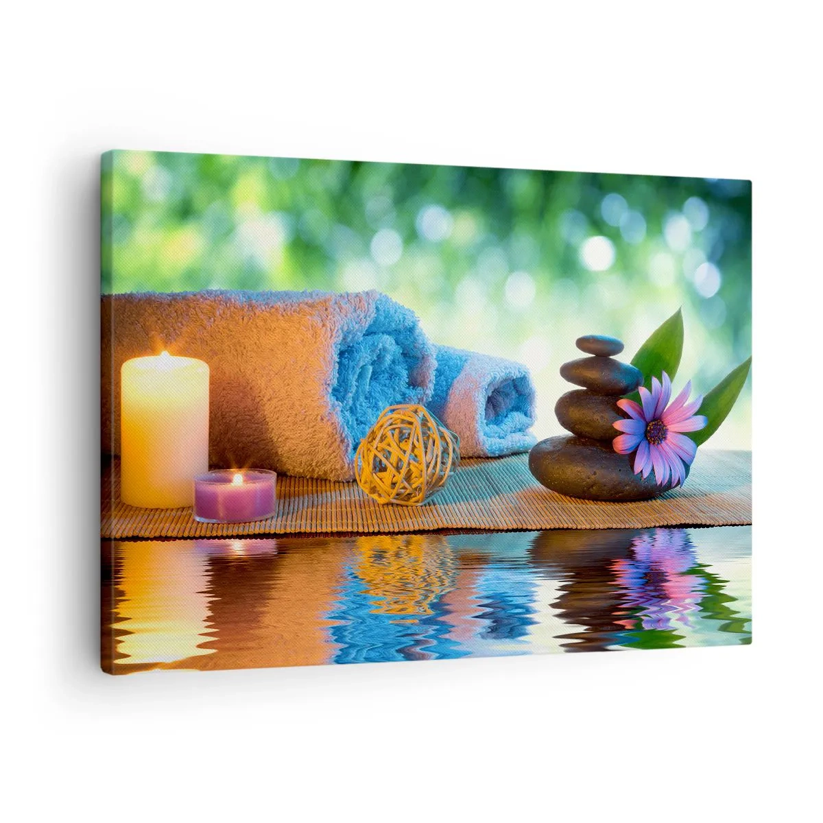 Obraz na plátně - Relaxační lázeňská sada s ručníky, svíčkami a kameny - 70x50cm - Čas pro tělo - Moderní nástěnná dekorace do obývacího pokoje a ložnice ARTTOR