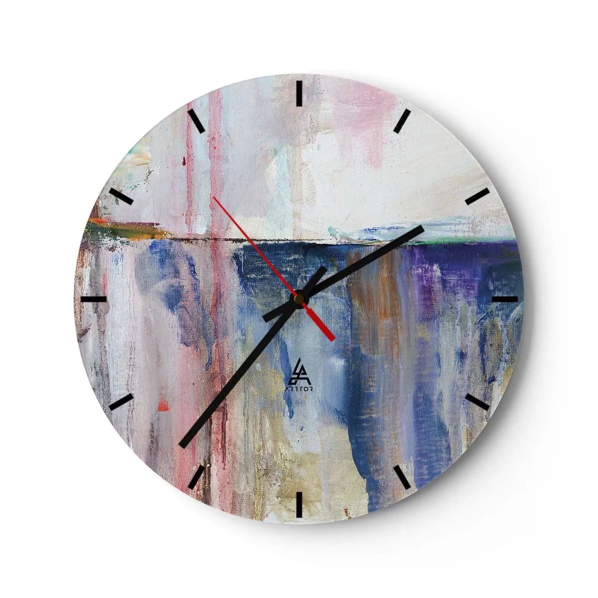 Nástěnné hodiny - Malířská kompozice s barevnými záblesky v odstínech modré a růžové. - 30x30cm - Barevné dojmy a asociace - Moderní nástěnná dekorace do obývacího pokoje, kuchyně a ložnice ARTTOR