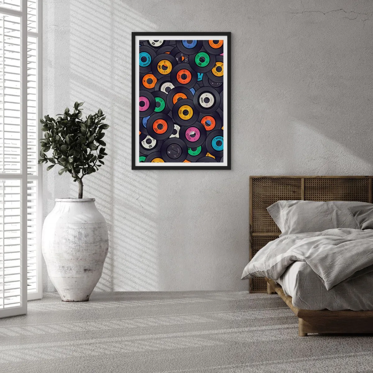 Plakát v černém rámu - Sbírka barevných vinylových desek - 50x70cm - Barvy klasiky - Moderní nástěnná dekorace do obývacího pokoje a ložnice ARTTOR