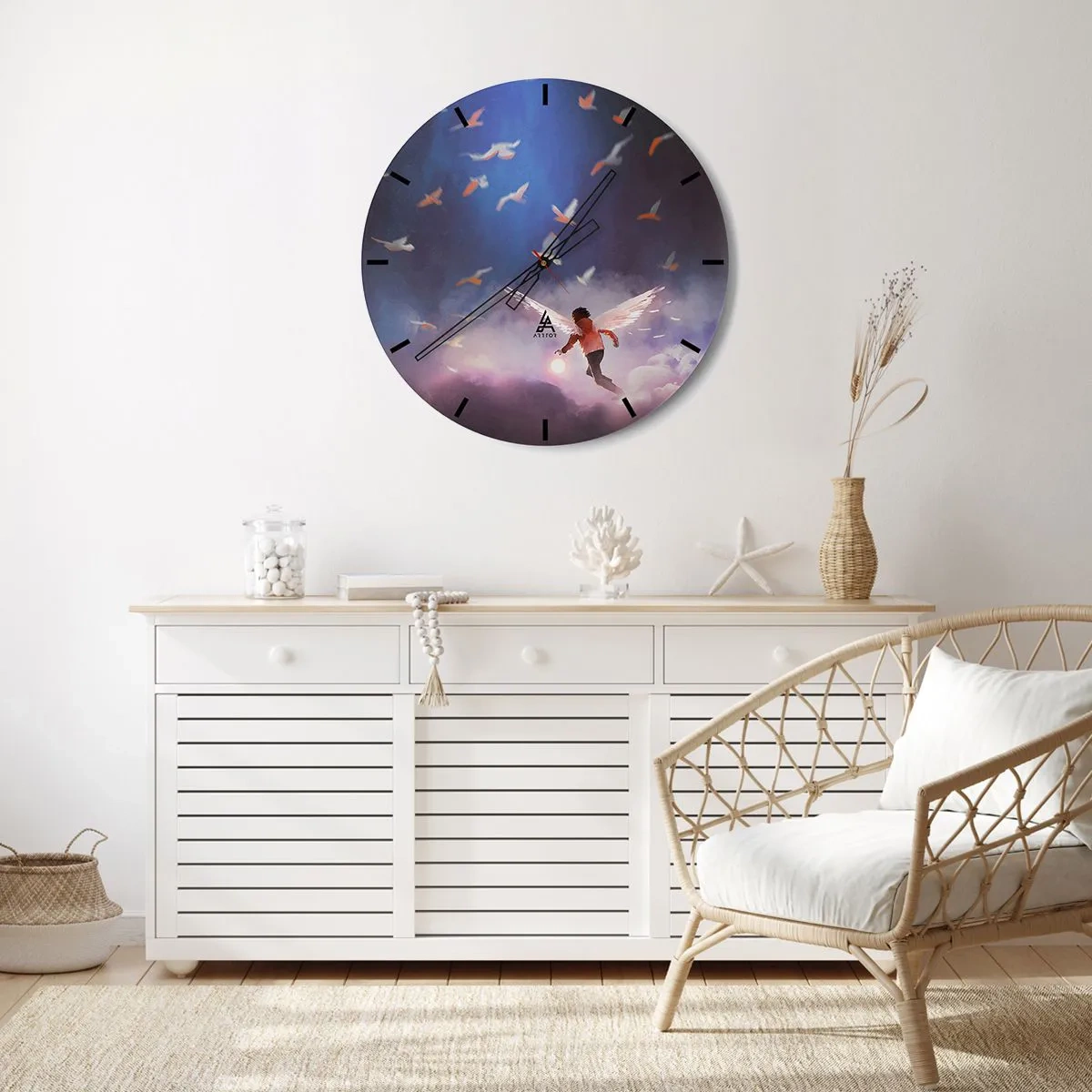 Nástěnné hodiny - Postava s andělskými křídly mezi ptáky proti obloze - 30x30cm - Je třeba mít odvahu a představivost - Moderní nástěnná dekorace do obývacího pokoje, kuchyně a ložnice ARTTOR