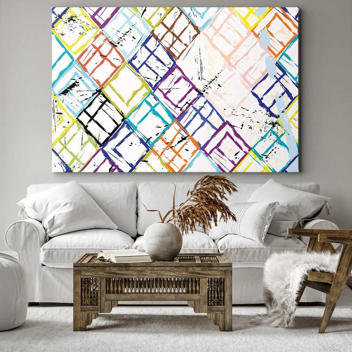 Obraz na plátně - Barevná abstrakce s geometrickými tvary na bílém pozadí - 70x50cm - Buňky k pronájmu - Moderní nástěnná dekorace do obývacího pokoje a ložnice ARTTOR