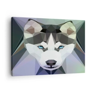 Obraz na plátně - Geometrický vlk s výraznýma modrýma očima - 70x50cm - Vzpomínka na sníh na severu - Moderní nástěnná dekorace do obývacího pokoje a ložnice ARTTOR