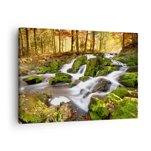 Obraz na plátně - Zalesněná krajina s vodopádem obklopeným mechem - 70x50cm - Chvatem podzimním lesem - Moderní nástěnná dekorace do obývacího pokoje a ložnice ARTTOR