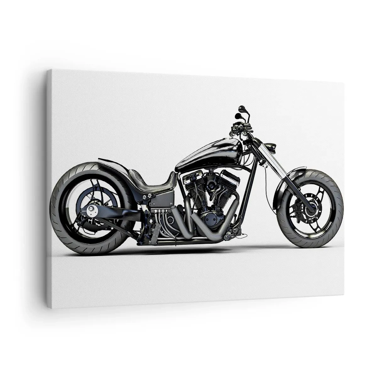 Obraz na plátně - Stylový černý motocykl na zakázku na bílém pozadí - 70x50cm - Pro milující svobodu - Moderní nástěnná dekorace do obývacího pokoje a ložnice ARTTOR