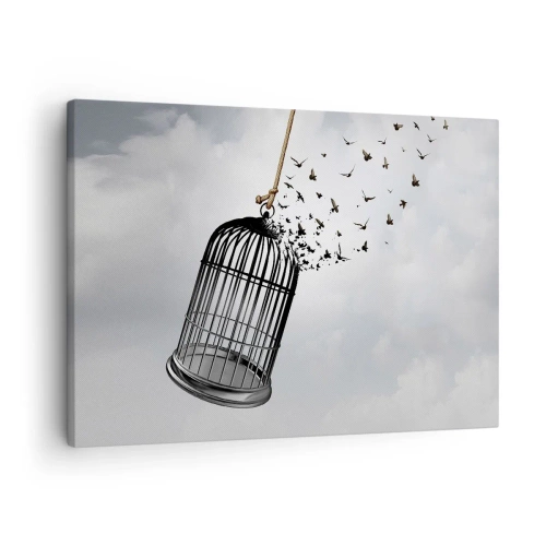 Obraz na plátně - Ptáci létající z klece proti obloze - 70x50cm - Víra… naděje… svoboda! - Moderní nástěnná dekorace do obývacího pokoje a ložnice ARTTOR