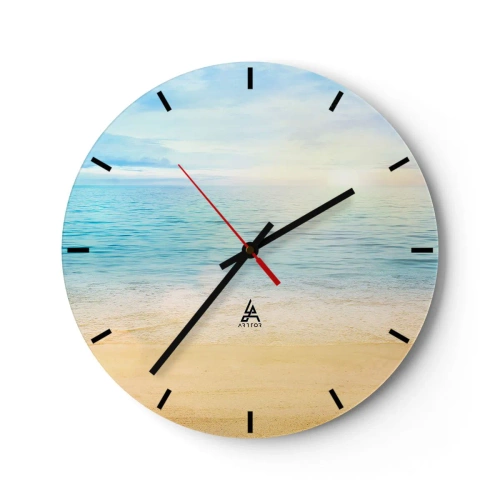 Nástěnné hodiny - Klidná pláž s azurovým mořem a jasnou oblohou - 30x30cm - Velká modř - Moderní nástěnná dekorace do obývacího pokoje, kuchyně a ložnice ARTTOR