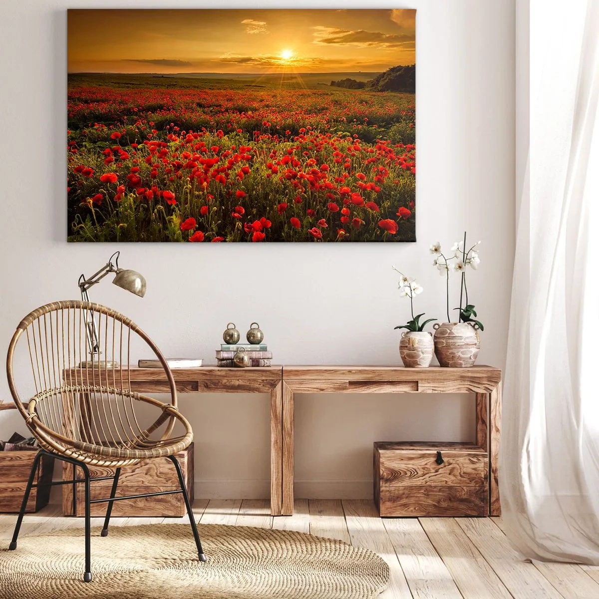 Obraz na plátně - Pole červených máků v záři zapadajícího slunce - 70x50cm - Mezi vlnami šumících luk, mezi záplavou květů - Moderní nástěnná dekorace do obývacího pokoje a ložnice ARTTOR