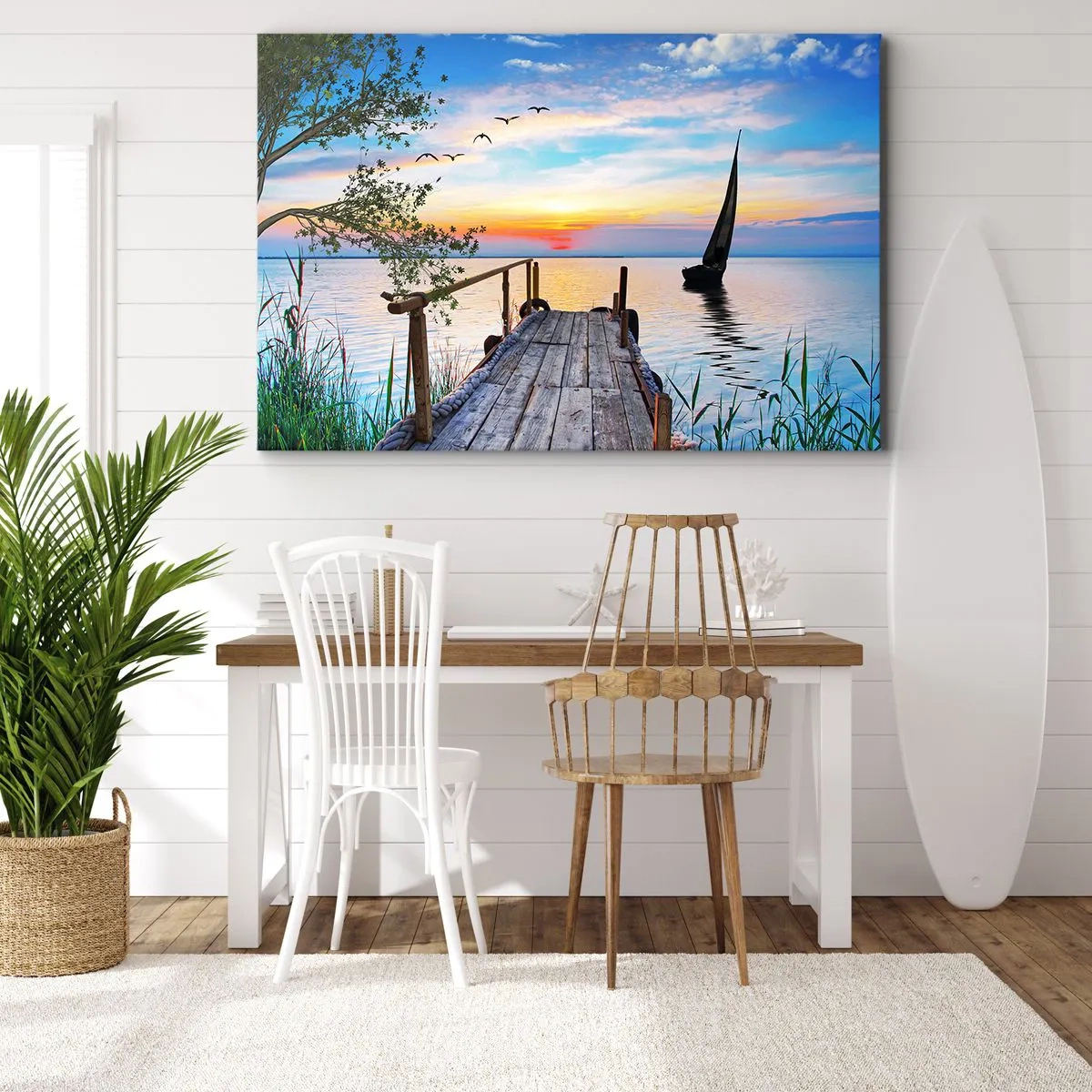 Obraz na plátně - Jezerní molo s lodí a západ slunce - 70x50cm - Dobrý večer - Moderní nástěnná dekorace do obývacího pokoje a ložnice ARTTOR