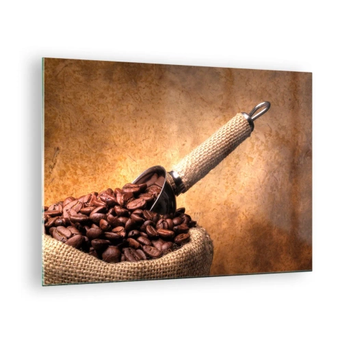 Obraz na skle - Kávová zrna v jutovém sáčku s kovovou odměrkou - 70x50cm - U zdroje chuti - Moderní nástěnná dekorace do obývacího pokoje a ložnice ARTTOR