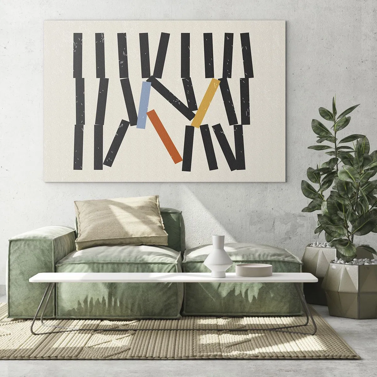Obraz na skle - Grafická kompozice stylizovaná jako domino s barevnými akcenty. - 70x50cm - Domino – kompozice - Moderní nástěnná dekorace do obývacího pokoje a ložnice ARTTOR