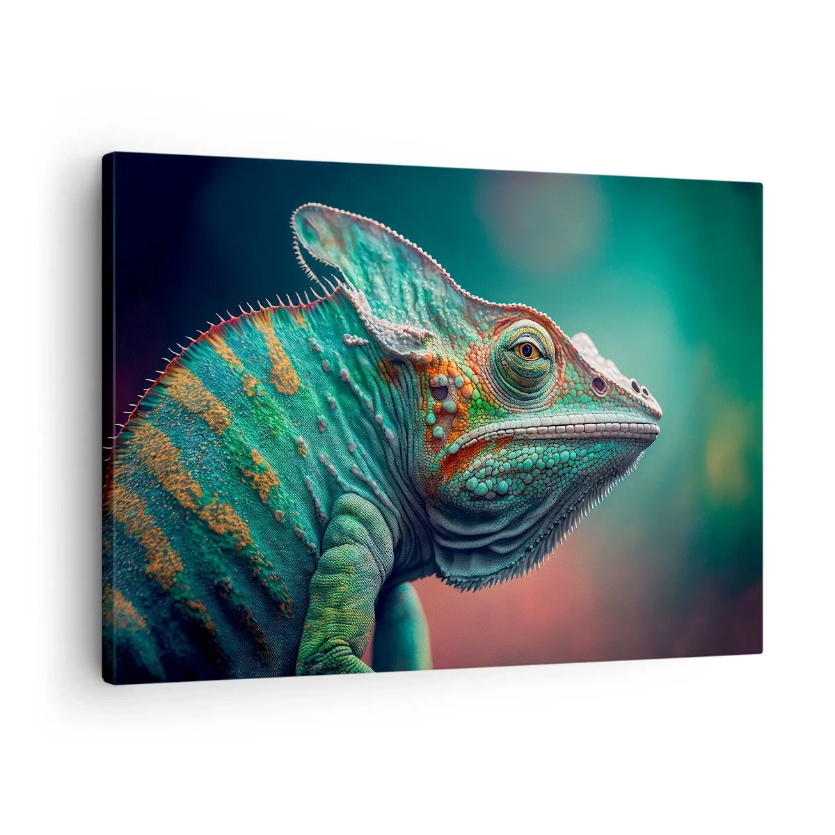 Obraz na plátně - Detail chameleona v intenzivních barvách - 70x50cm - Vidíš mě? To není dobré… - Moderní nástěnná dekorace do obývacího pokoje a ložnice ARTTOR
