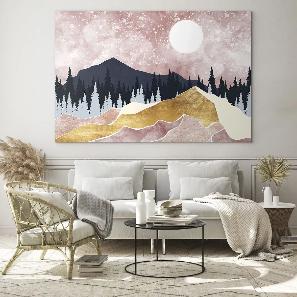 Obraz na skle - Hory a les v měsíčním světle proti růžové obloze - 70x50cm - Noční hlídka - Moderní nástěnná dekorace do obývacího pokoje a ložnice ARTTOR