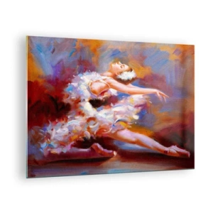 Obraz na skle - Baletka v dynamické póze na pozadí abstraktních barev. - 70x50cm - Labutí elegance - Moderní nástěnná dekorace do obývacího pokoje a ložnice ARTTOR