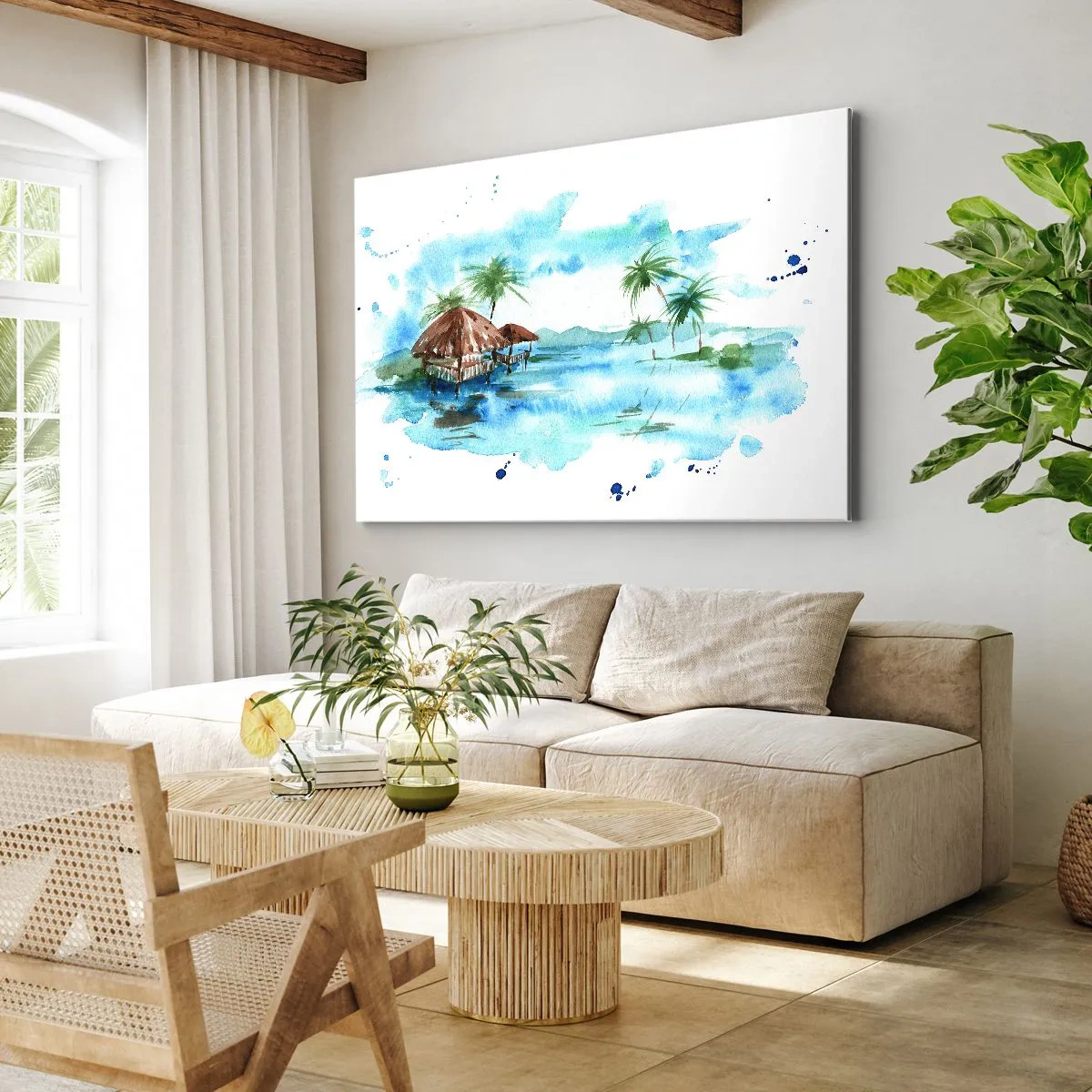 Obraz na plátně - Akvarel tropické krajiny s domy a palmami - 70x50cm - Někde v Pacifiku - Moderní nástěnná dekorace do obývacího pokoje a ložnice ARTTOR