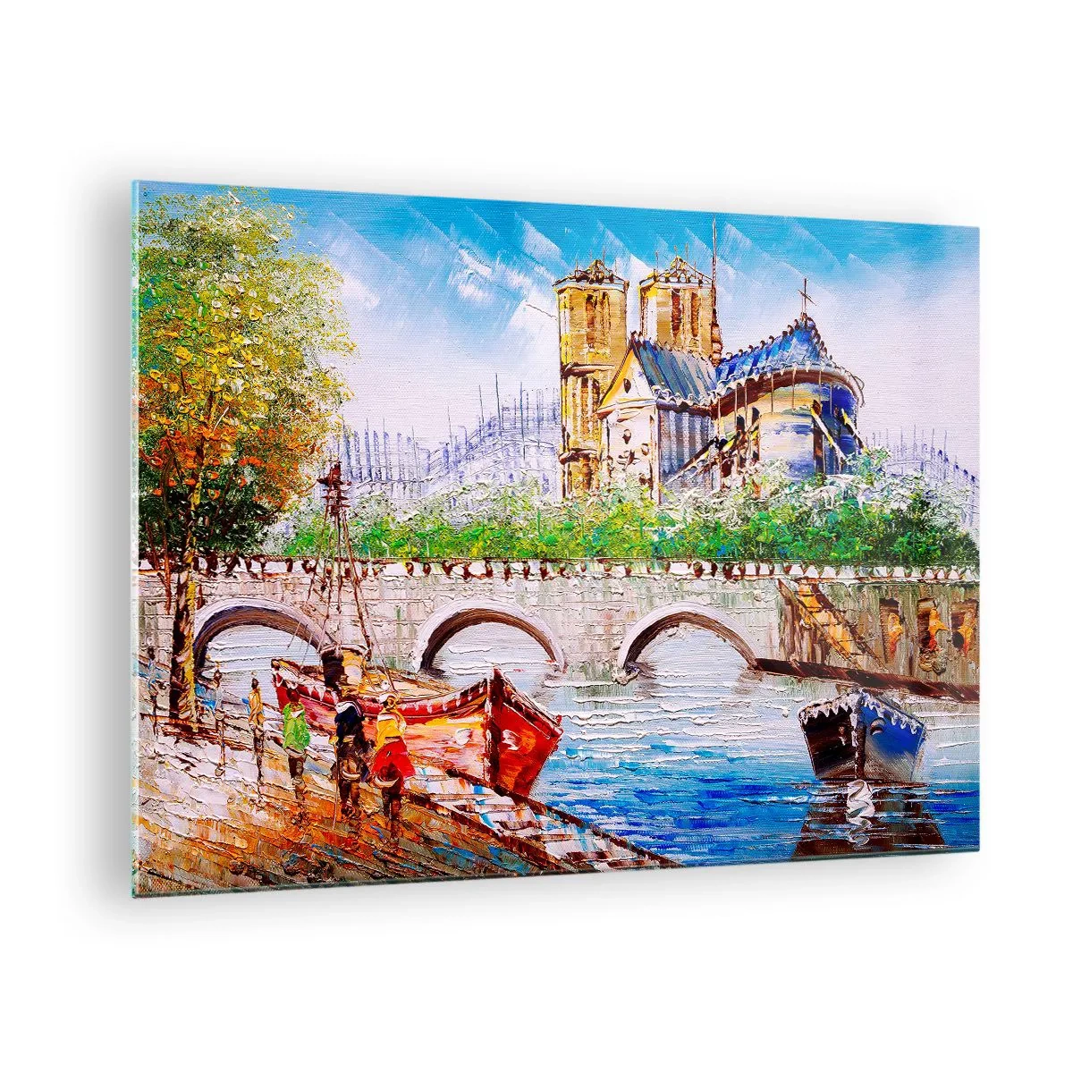 Obraz na skle - Most a lodě na pozadí historické katedrály - 70x50cm - Jejich čas nikdy nepomíjí - Moderní nástěnná dekorace do obývacího pokoje a ložnice ARTTOR