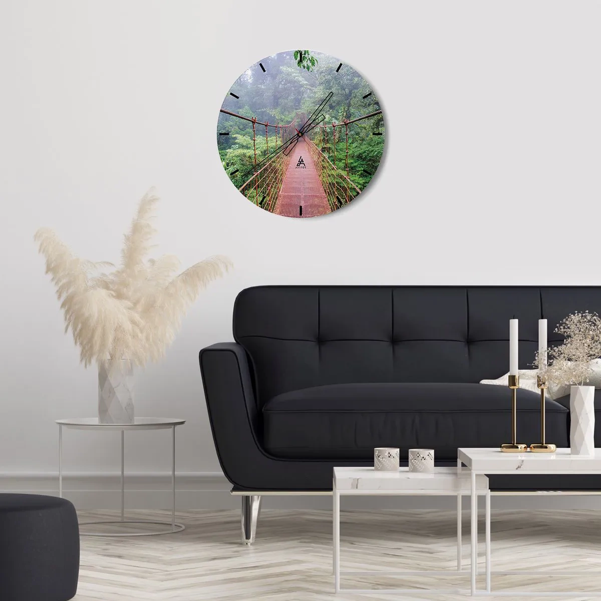 Nástěnné hodiny - Červený visutý most uprostřed tropické džungle - 30x30cm - Zavěšený nad korunami - Moderní nástěnná dekorace do obývacího pokoje, kuchyně a ložnice ARTTOR