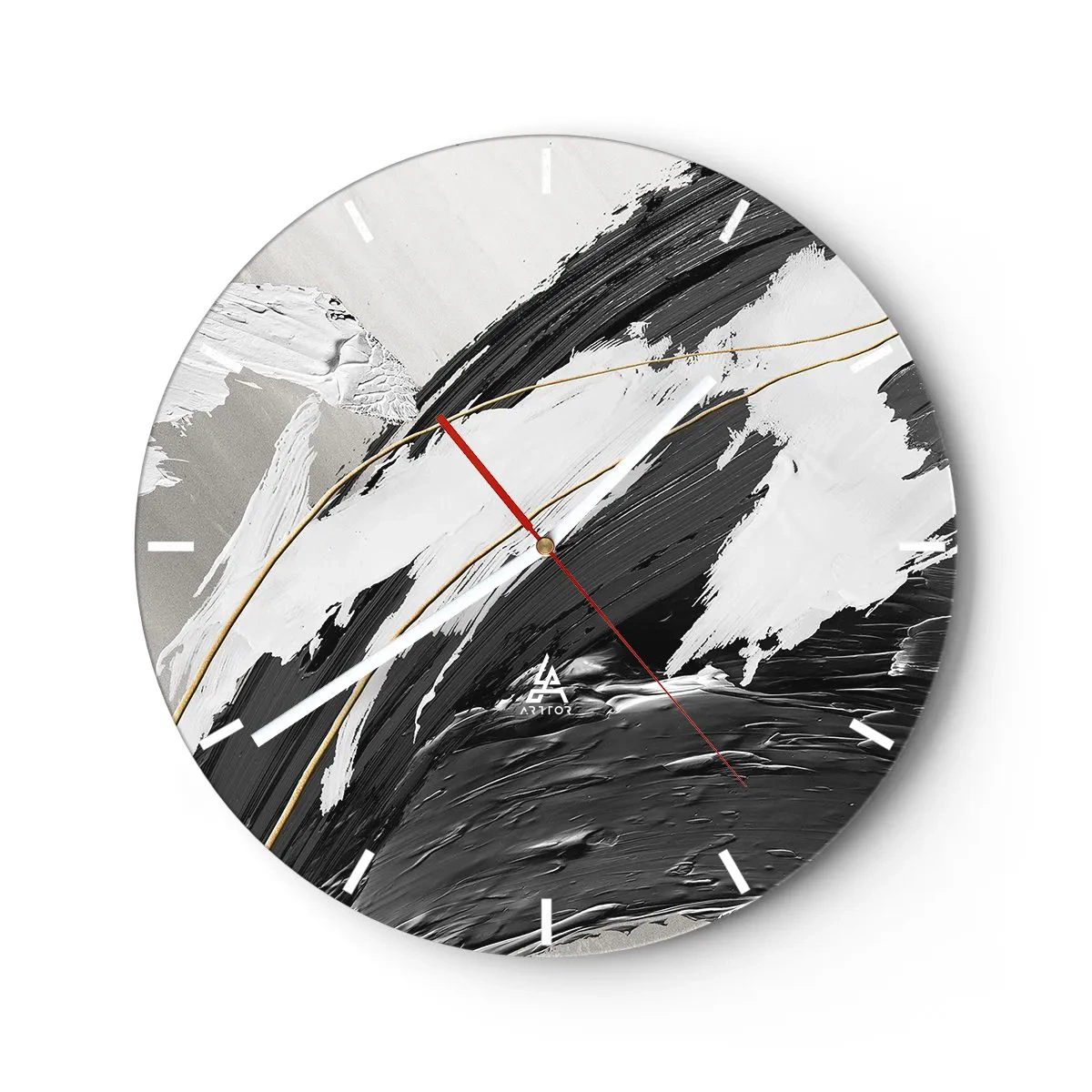 Nástěnné hodiny - Dynamické tahy štětcem v černé, bílé a šedé barvě - 30x30cm - Velkorysá abstrakce - Moderní nástěnná dekorace do obývacího pokoje, kuchyně a ložnice ARTTOR