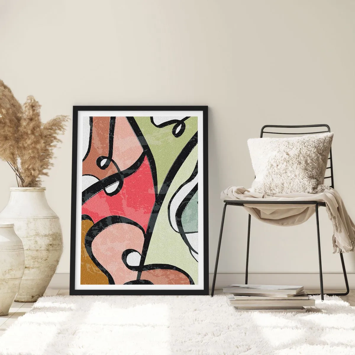 Plakát v černém rámu - Barevná abstrakce s černými obrysy - 50x70cm - Piruety uprostřed barev - Moderní nástěnná dekorace do obývacího pokoje a ložnice ARTTOR