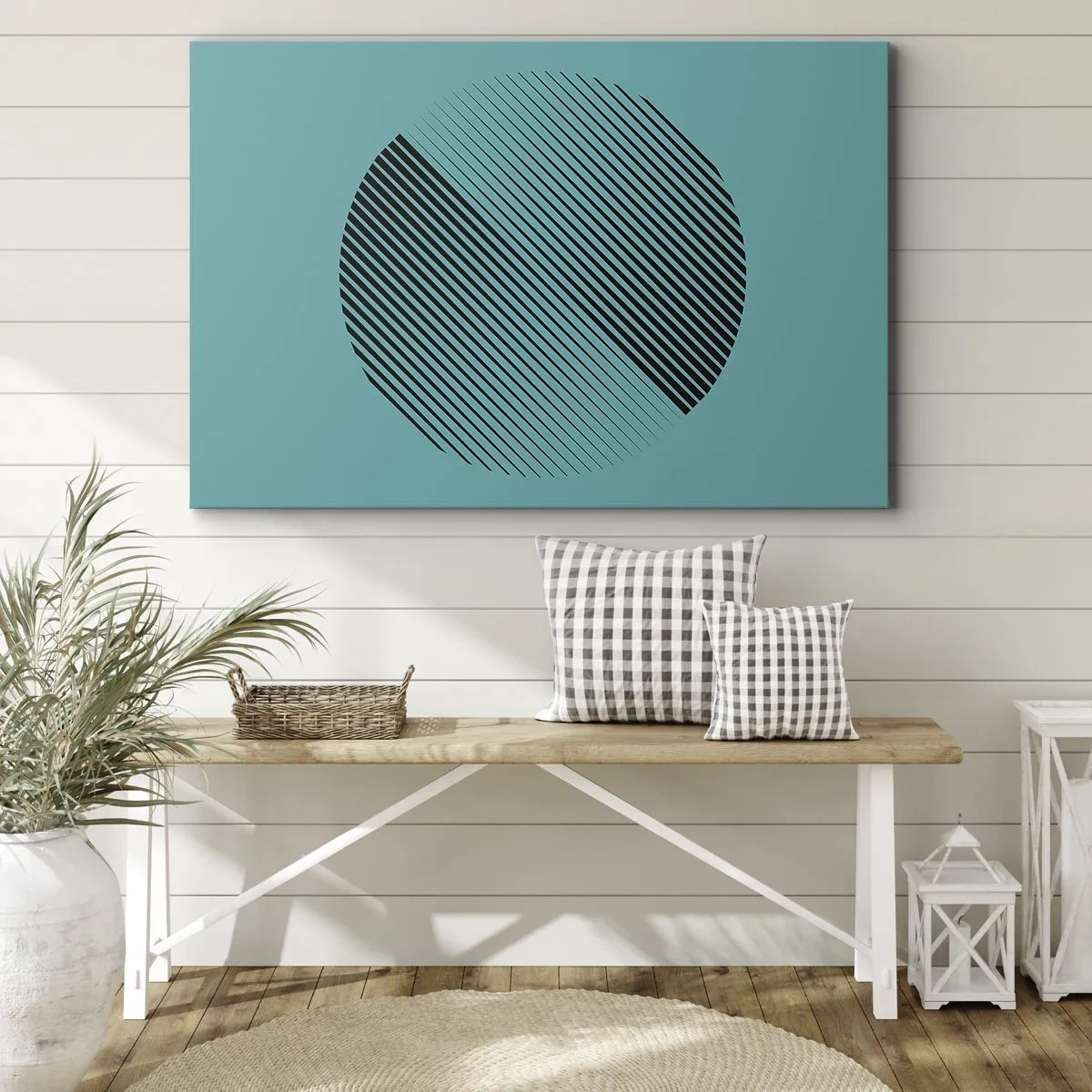 Obraz na plátně - Minimalistický kruh s čarami na tyrkysovém pozadí. - 70x50cm - Kruh – geometrická variace - Moderní nástěnná dekorace do obývacího pokoje a ložnice ARTTOR