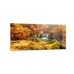 Obraz na skle - Lesní vodopád ve zlaté - 120x50 cm