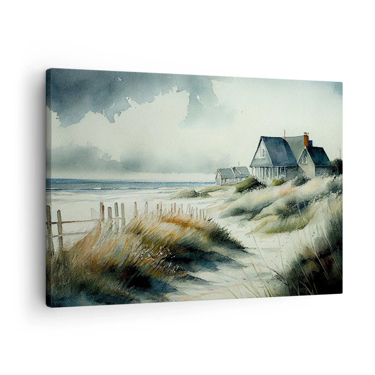 Obraz na plátně - Dům u moře obklopený trávou s výhledem na moře - 70x50cm - Daleko od shonu - Moderní nástěnná dekorace do obývacího pokoje a ložnice ARTTOR