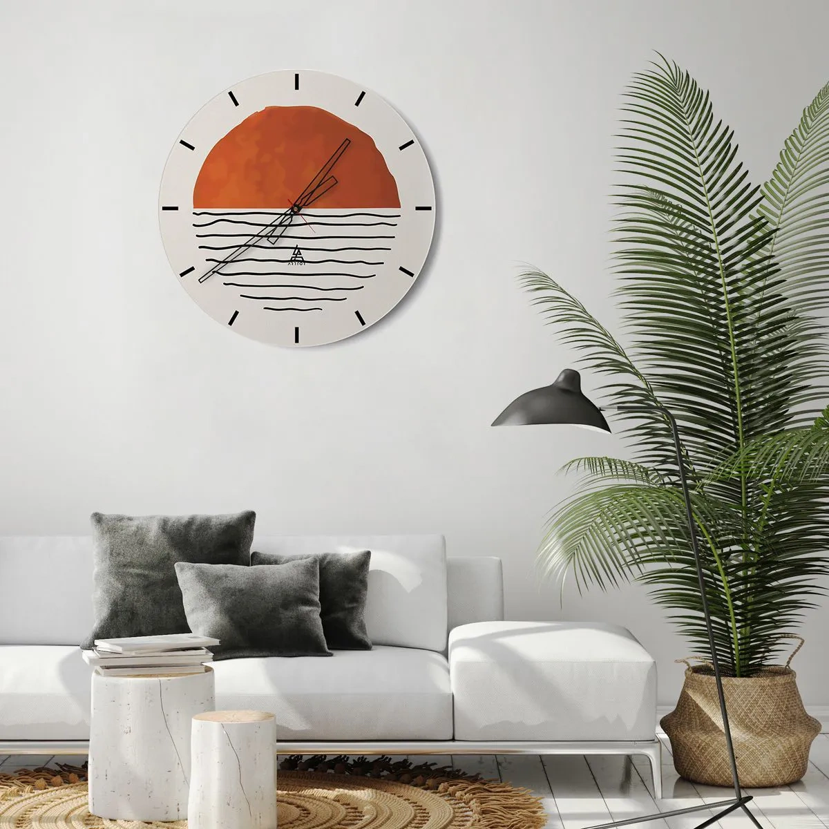 Nástěnné hodiny - Minimalistický západ slunce nad vodou - 30x30cm - V japonské atmosféře - Moderní nástěnná dekorace do obývacího pokoje, kuchyně a ložnice ARTTOR