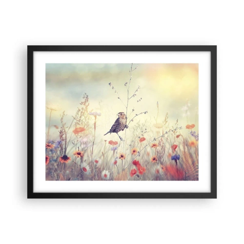 Plakát v černém rámu - Portrét ptáka s loukou v pozadí - 50x40 cm