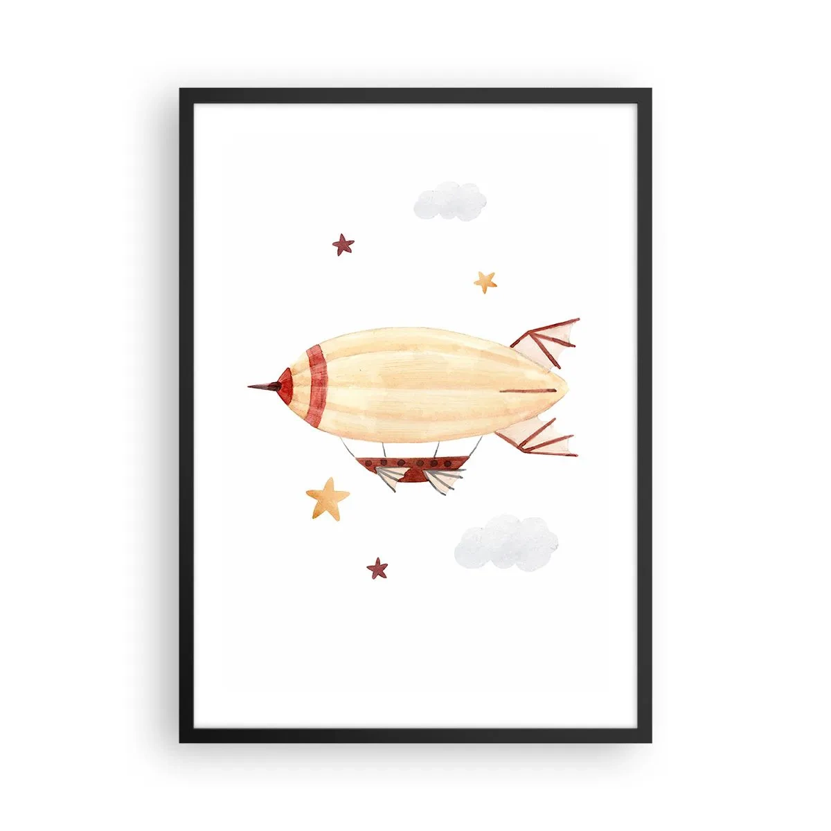 Plakát v černém rámu - Akvarelová vzducholoď plovoucí mezi hvězdami a mraky. - 50x70cm - Vzducholoď - Moderní nástěnná dekorace do obývacího pokoje a ložnice ARTTOR