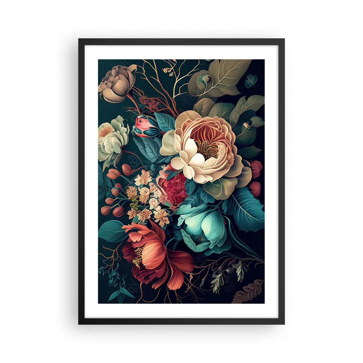 Plakát v černém rámu - Kytice květin v barokním stylu na tmavém pozadí - 50x70cm - Půvab 19. století - Moderní nástěnná dekorace do obývacího pokoje a ložnice ARTTOR
